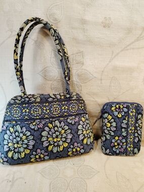 Vera Bradley Navy Quilted Floral Shoulder Bag  And Matching Tablet Holder
